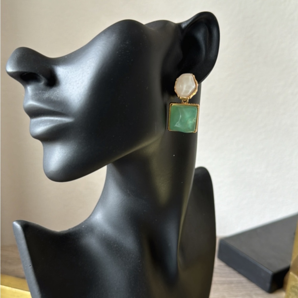 Anthropologie Gold White and Green Resin Drop Earrings - Picture 4 of 4